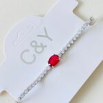 Pulsera PU Plateada Gema Roja