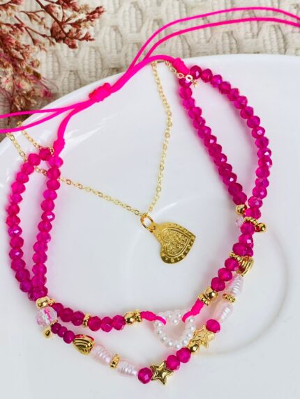 Tobillera - Fucsia y corazones.