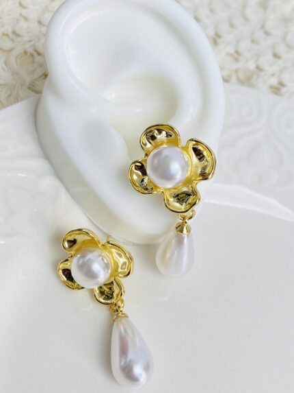 Arete Flor Perla Colgante