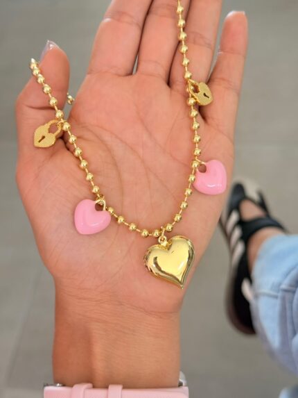 Collar Cadena x 5 Corazones Rosa