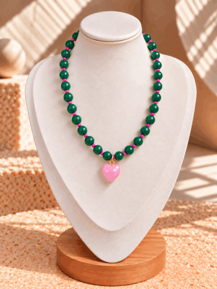 Collar Chicle Verde Corazon Rosa Mini