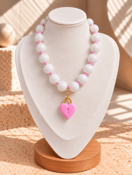 Collar Chicle Blanco Corazon Candado Rosado